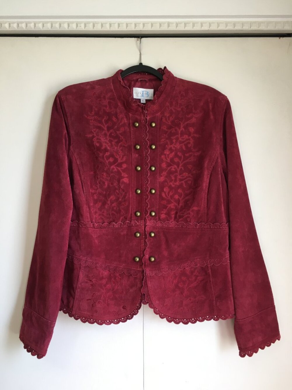 Vintage Genuine Suede Embroidered Victorian Pixie Jacket Red Maroon L XL
